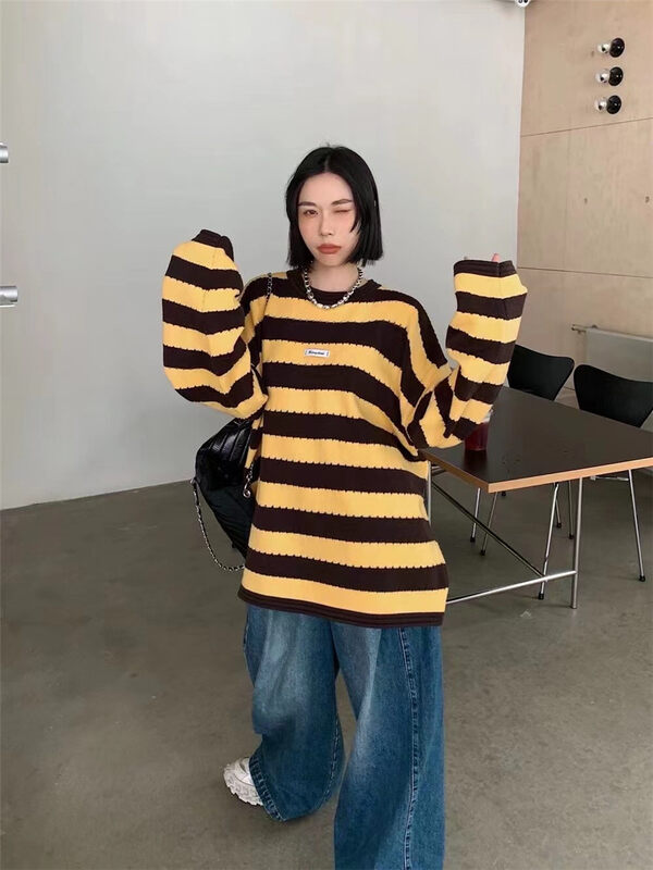 New in autumn! [Yan Zhen] Contrast color labeling loose striped warm sweater YS1-189# PCZ