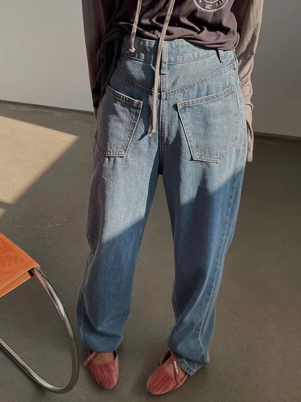 New in autumn!【KAKAJIA】High waist loose straight wash blue wide mopping jeans 2750# OZQ