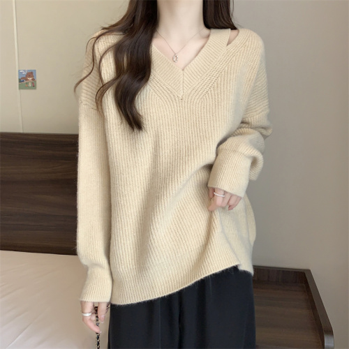 V-neck ripped sweater women's autumn and winter clothes, lazy style, loose and thin, all-match long-sleeved sweater