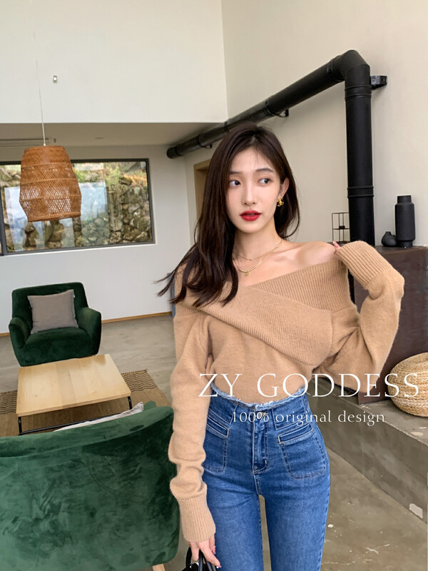 【ZY】Salt knitted V-neck one-shoulder wool sweater knitted sweater (gentle wind sweater) Z02