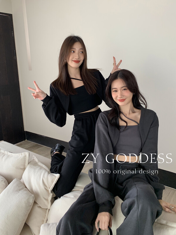 [ZY] Sweater short coat/pure hot girl suspenders/mopping sweater pants suit (beautiful three-piece set) 18130