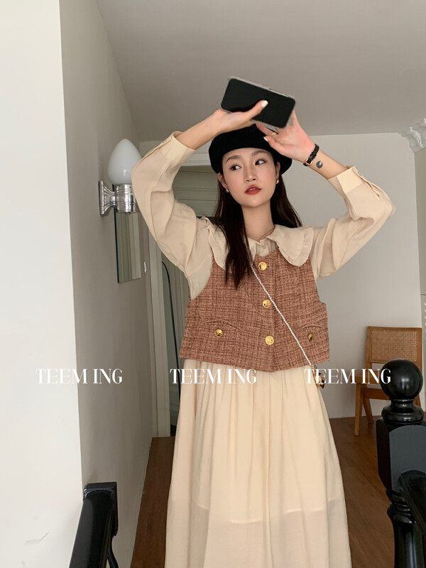 New in autumn!【TEEM ING】Small fragrant style short coat + mid-length dress two-piece suit (with knitted chain bag) 22T853# HJY