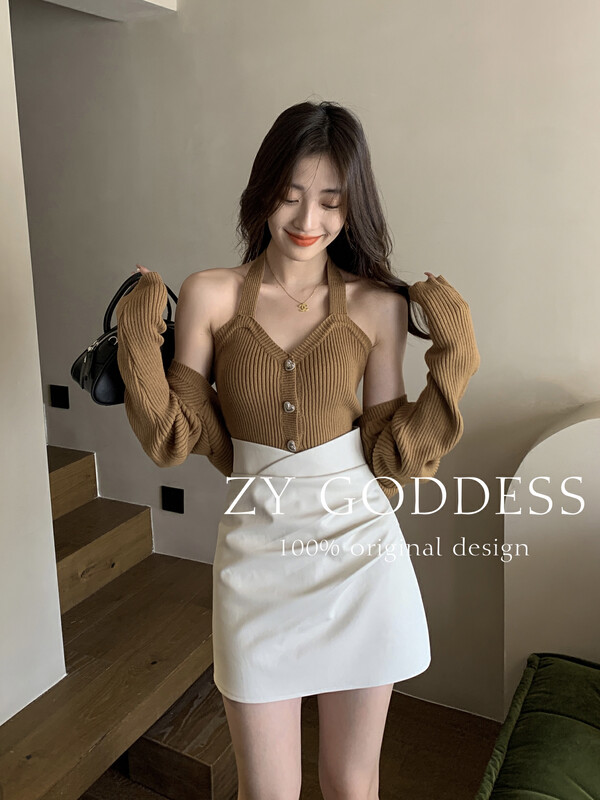 [ZY] halter strap sweet and spicy love buckle vest knitted two-piece suit M23