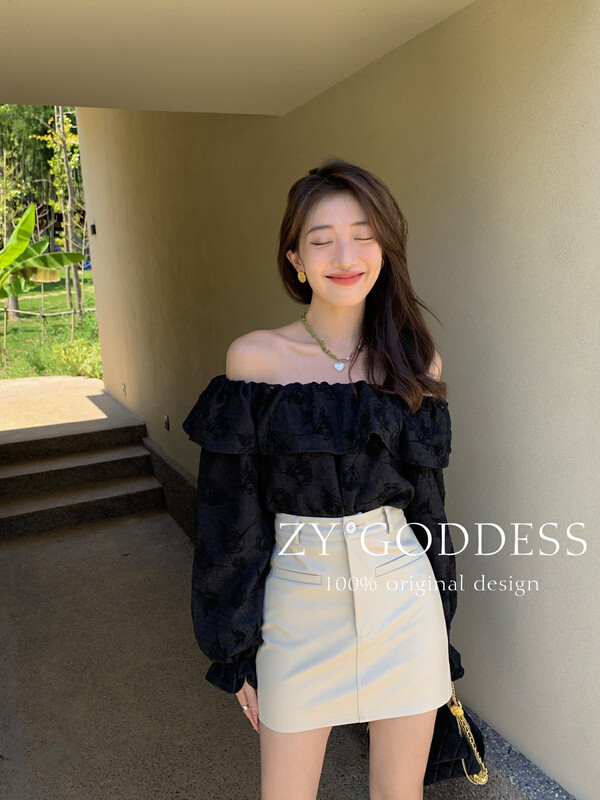 [ZY] Textured flocked rose lotus leaf large lapel one-shoulder shirt 18121# JHY