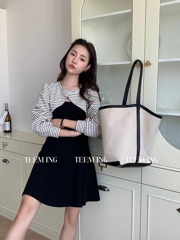 New in autumn! [TEEM ING] Simple striped sweater + suspender dress two-piece suit 22T898# HJY