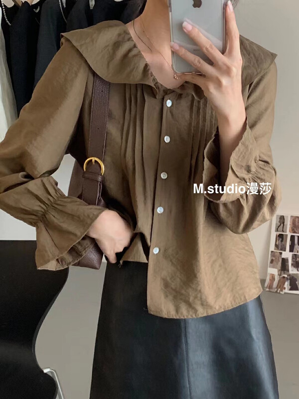 Autumn is new! [MSTUDIO Mansha] Lotus leaf pleated Korean shirt t301# HBX