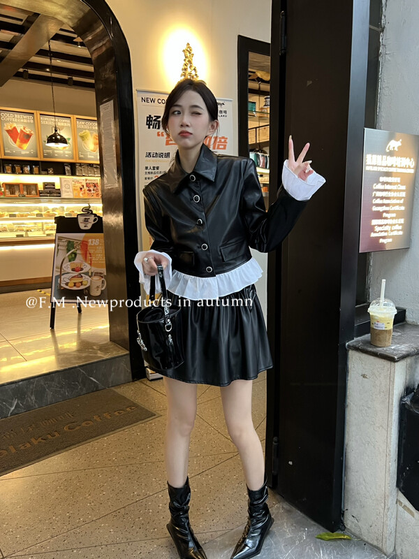 【FEI MAO】Sweet, cool and cute girl fake two-piece sweet short jacket leather jacket Z-8586# CQW