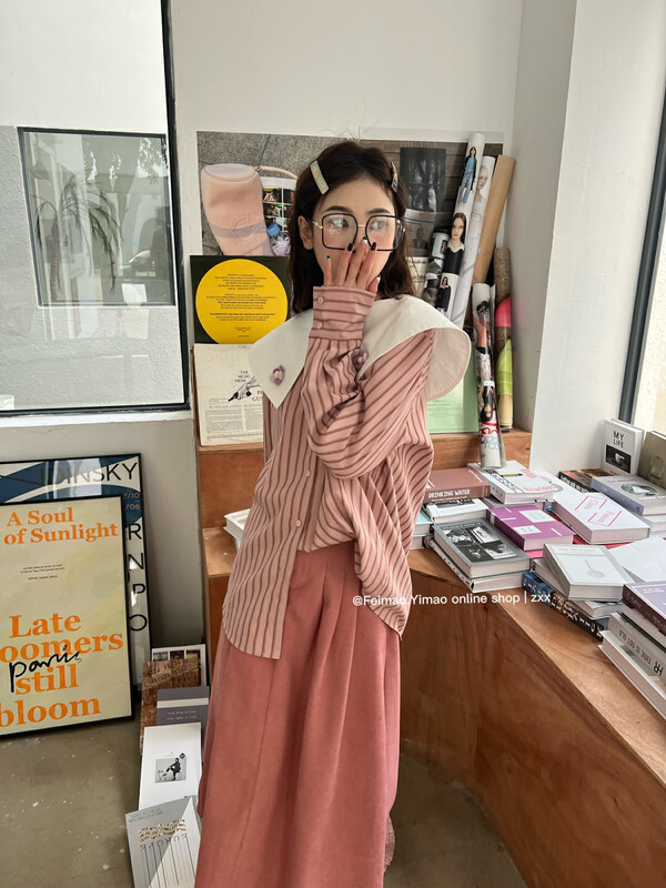 【FEI MAO】New Korean style loose and casual all-match three-dimensional flower striped casual color contrast shirt Z-8670# CQW