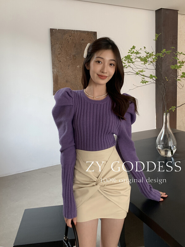 [ZY] Merino wool French puff sleeve round neck pullover sweater (antistatic and anti-pilling) M56
