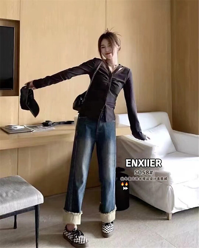 New in Autumn! [Enxier] Retro Washed Frill Design Straight Jeans EB5085# FHX