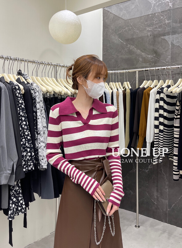 New in autumn!【UONE】Lazy lapel striped knitted sweater 5587# LSL
