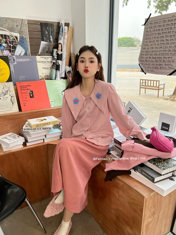 【FEI MAO】Navy Collar Three-dimensional Flower Sweet Doll Collar Long Sleeve Chic Shirt Shirt Z-8617# CQW