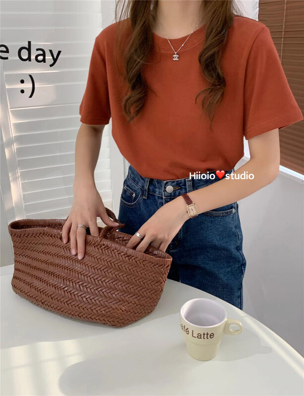 New in autumn!  [HIIOIO] Solid color simple and versatile round neck pullover short-sleeved T-shirt 5603# LSL