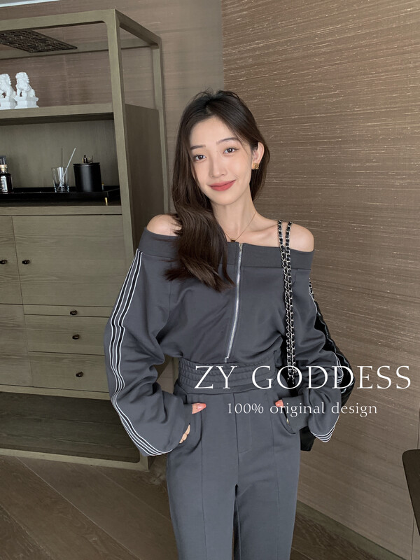 [ZY] Retro sports hot girl style one-shoulder sweater jacket slit mopping pants suit 18198# JHY