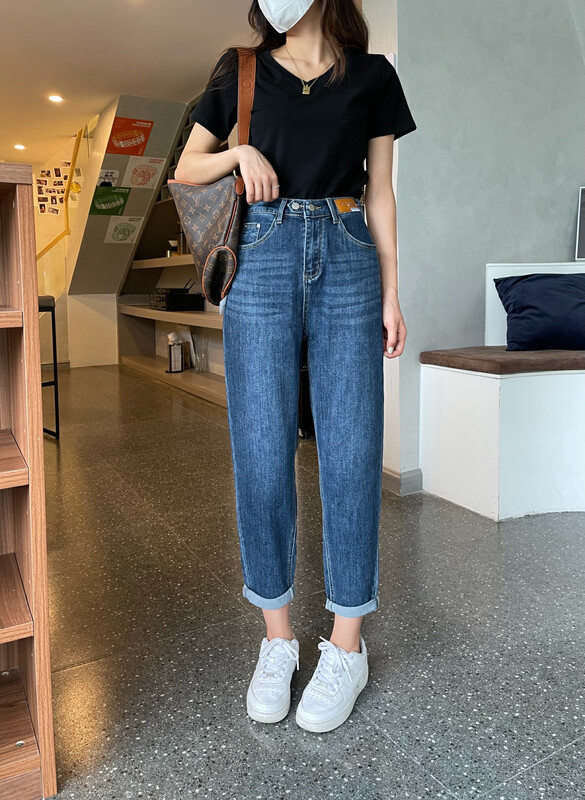 [Enxier] Early autumn popular Korean style two-button half elastic waist thin all-match harem jeans K2833# FHX