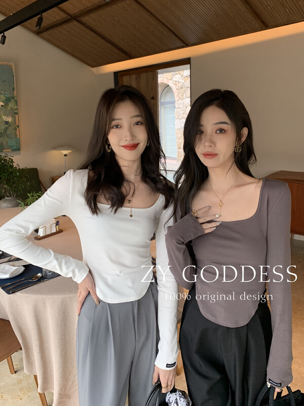 [ZY] Korean square collar and arc hem show thin and small standard long-sleeved T-shirt 18023