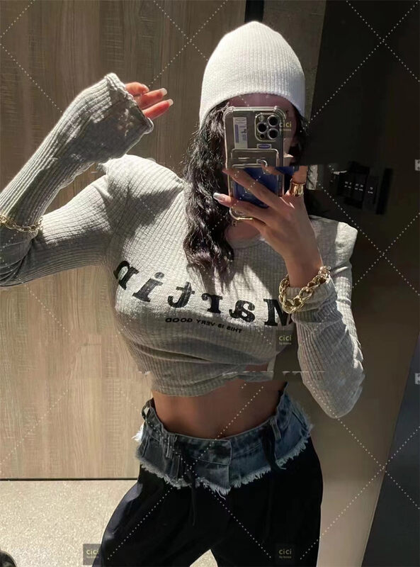 New in autumn! [Yan Zhen] Spice Girl Alphabet Printed Shoulder Pad Long Sleeve T-Shirt 35567# PCZ