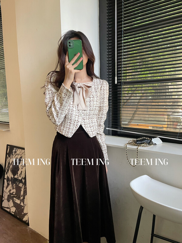 New in autumn!【TEEM ING】Fashion Chiffon Suit + Mid-Length Skirt Two-piece Suit 22T617# HJY