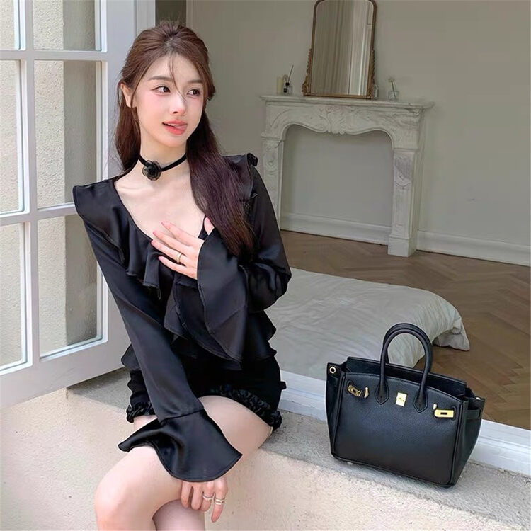 New in early autumn! [LINNA] Solid color lotus leaf collar long-sleeved shirt (with flower collar) 6937# JJ