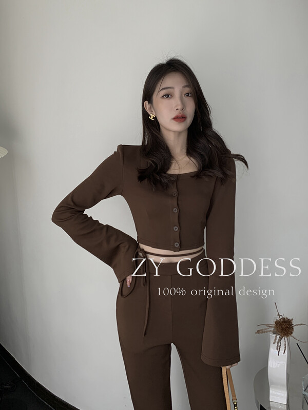 [ZY] Pure Desire Banding Trumpet Sleeve Top Thin Casual Wide Leg Mopping Pants Set 18105