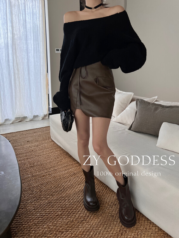 [ZY] Hot girl design sense straps irregular curved leather skirt and skirt (with anti-lighting safety pants) 28093