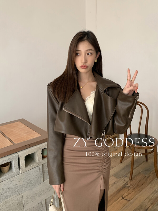 [ZY] Sheepskin motorcycle leather jacket retro large lapel shorts PU leather short jacket (locomotive leather jacket) 18175