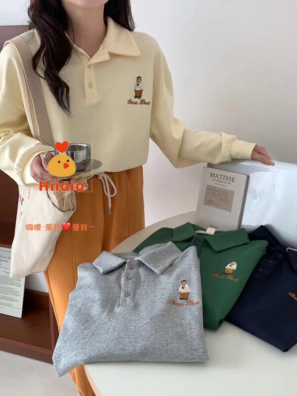 New in autumn!  【HIIOIO】Casual Simple Loose POLO Collar Bear Embroidered Sweater 87137# LSL