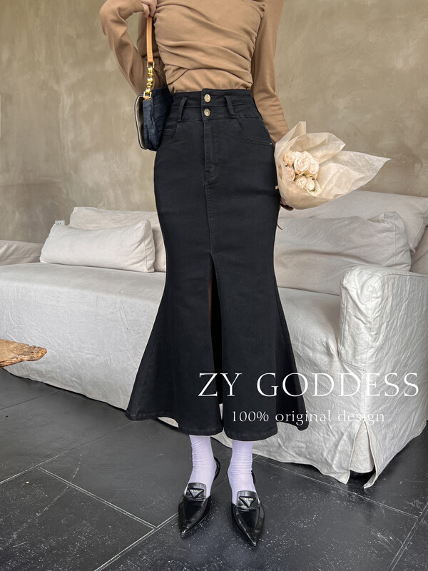 [ZY] Double waist high waist hot girl slit stretch denim fishtail skirt denim skirt J920