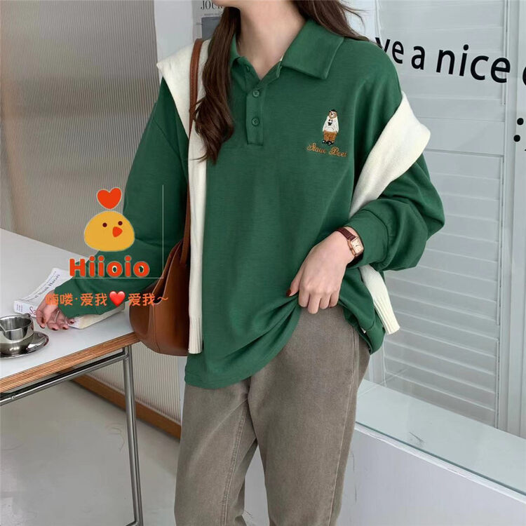 New in autumn!  【HIIOIO】Casual loose bear embroidery POLO collar sweater ra87137# LSL