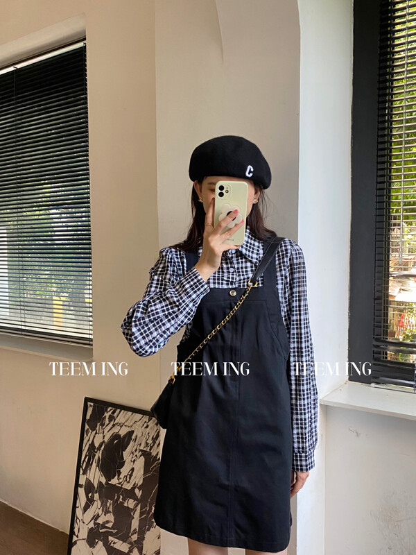Autumn is new! [TEEM ING] design sense of retro fake two-piece sweet and cool puff sleeve dress 22T877# HJY