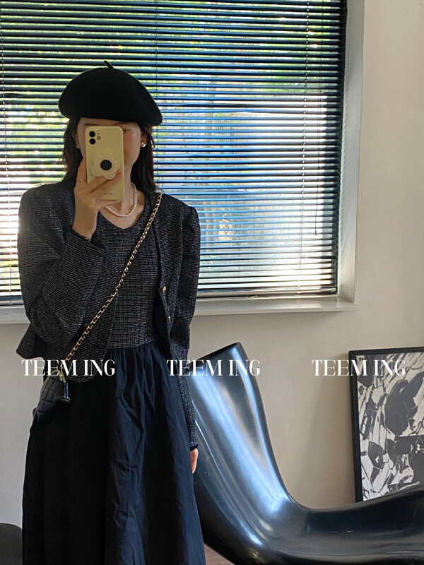 Autumn is new!【TEEM ING】V-neck single-breasted short jacket + lady's small fragrance dress suit 22T610# HJY