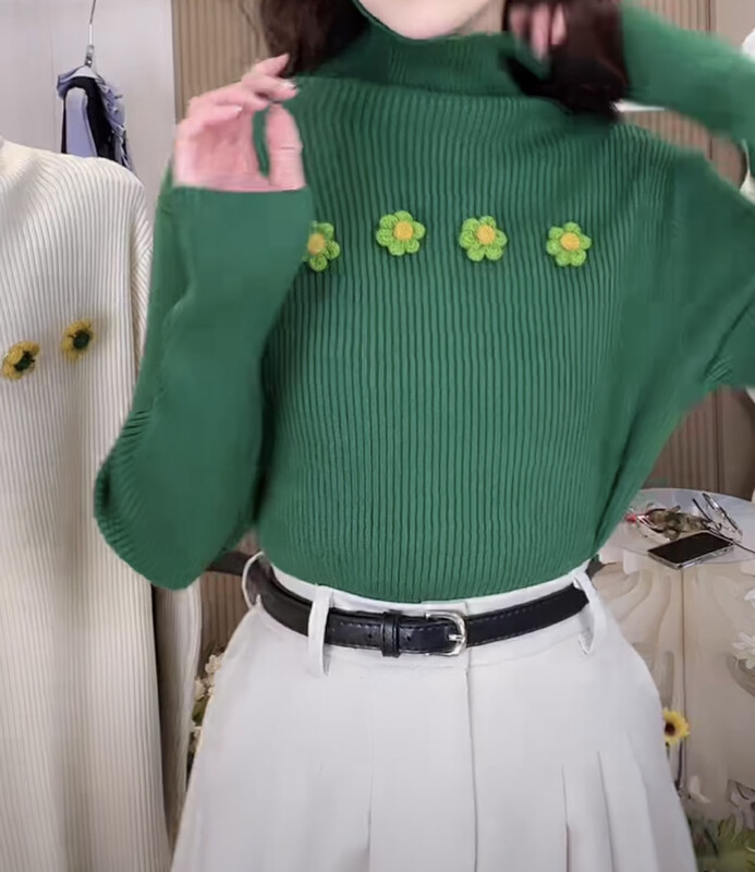【FEI MAO】High-neck three-dimensional flower bottoming shirt with turtleneck sweater knitted sweater top warm sweater Z-5426# CQW