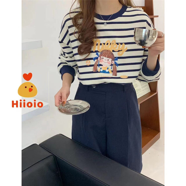 New in autumn! [RARA] Lazy style striped cartoon print sweater 63060# LSL