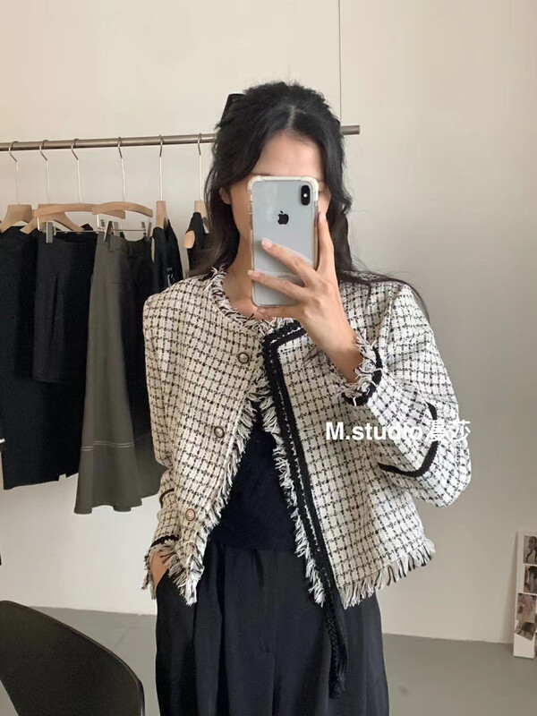 Casual [MSTUDIO Mansha] Plaid Long Ribbon Small Fragrant Short Jacket c1091# HBX