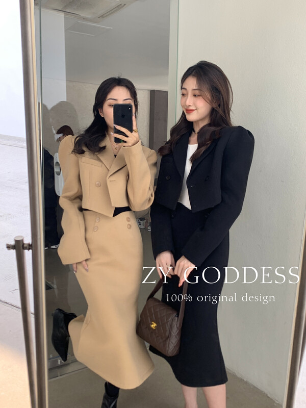 [ZY] Yujie light cooked wind lapel woolen suit jacket high waist fishtail skirt suit 18212