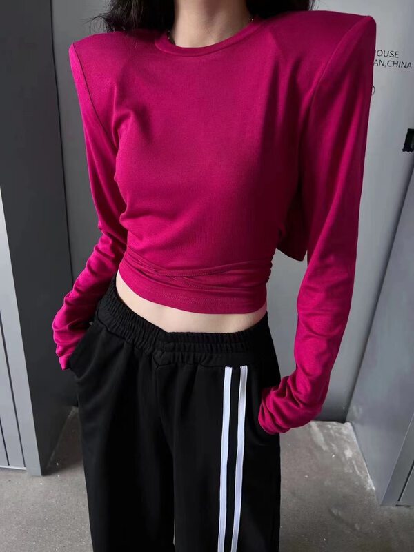 New in autumn! [Yan Zhen] shoulder pad design short lace-up long-sleeved T-shirt 25662# PCZ