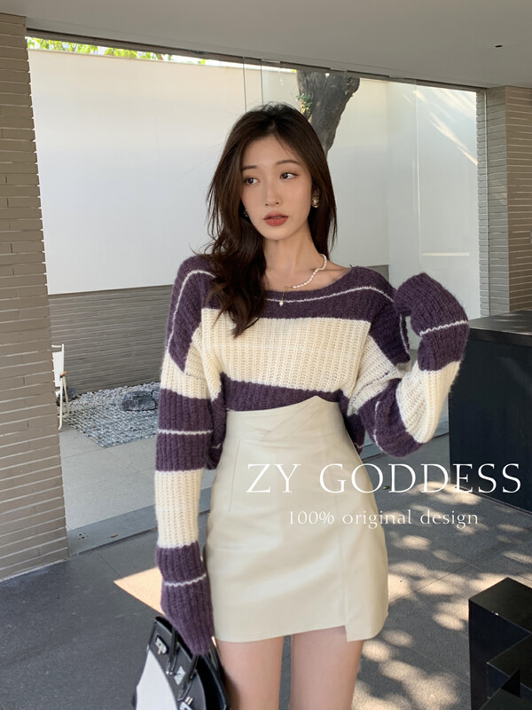 [ZY] Pure Desire Hot Girl Contrast Color Stripes Two-Wear Mohair Short Sweater Sweater (Anti-pilling Wash Mohair) S86