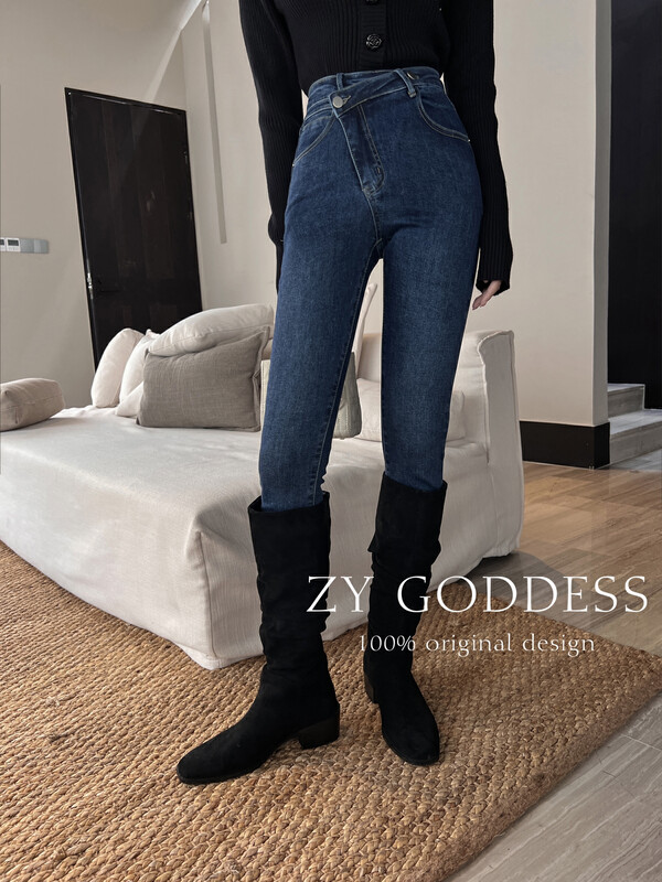 [ZY] Slim mid-high waist oblique zipper pencil pants pencil pants jeans (who wears thin) J228