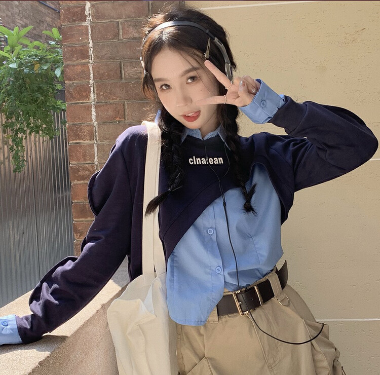 New in autumn!  【L.L STUDIO】Short Letter Sweater + Fashion Neat Versatile Shirt Suit 78093# PCZ