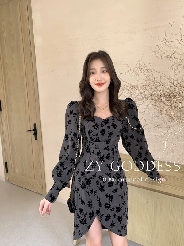 【ZY】Flocking suit fabric French puff sleeve suit dress 18057# JHY