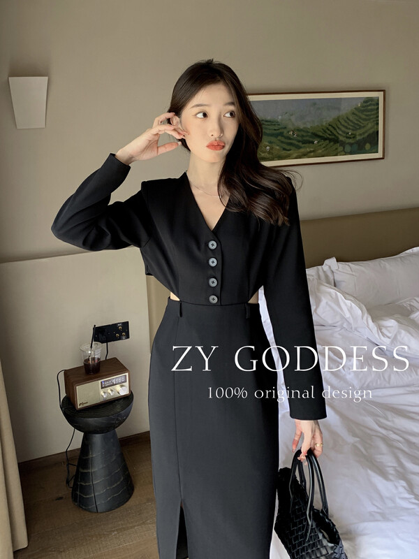 [ZY] Retro style hot girl V-neck waistless design slit suit dress 18096# JHY