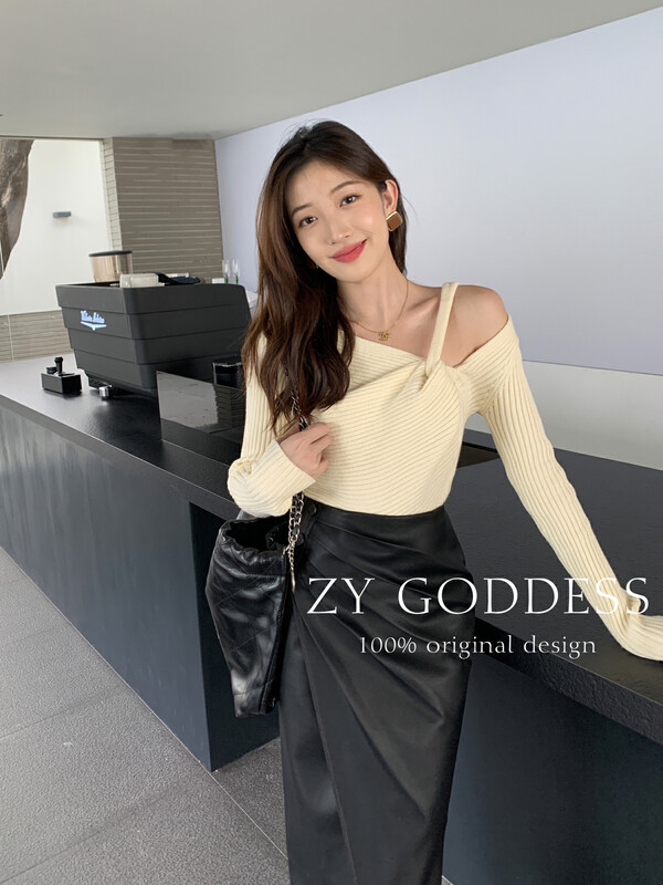 [ZY] Korean knotted slanted collar exposed collarbone top slim fit inner knitted sweater (main push sweater) M38