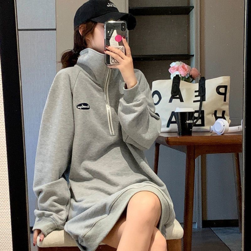 Mid-length sweater skirt women's fat MM large size thin autumn and winter zipper polo collar gray top coat 300 catties