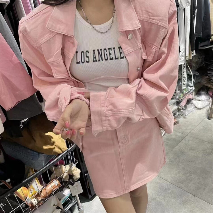 New in autumn! [Yan Zhen] Simple solid color denim jacket + high waist short skirt suit 65733# PCZ