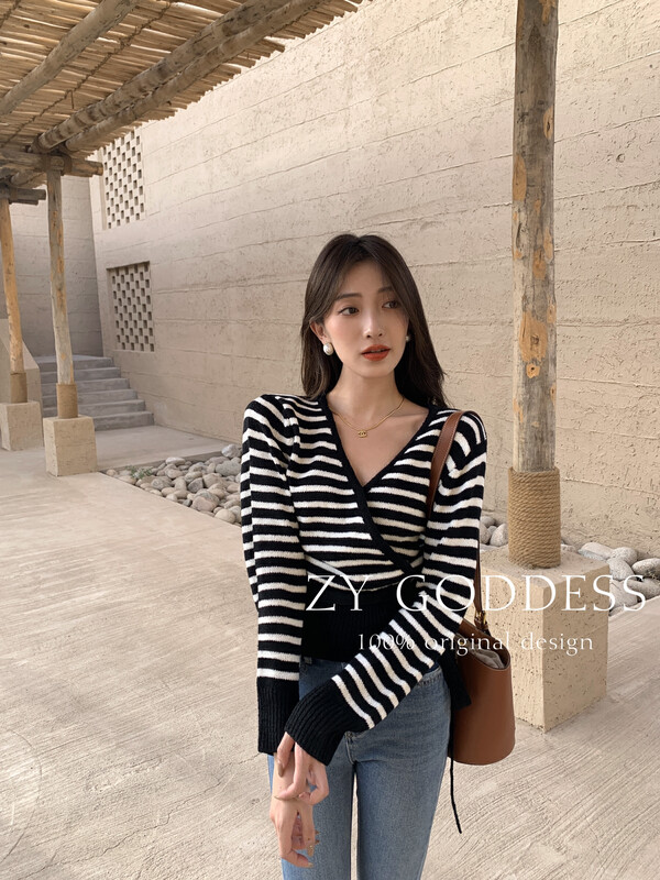 [ZY] Milk Tie Gentle Strap V-neck Striped Waist Sweater Knit Sweater Cardigan S69