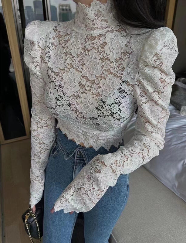 New in autumn! [Yan Zhen] Half turtleneck puff sleeve lace shirt 27733# PCZ