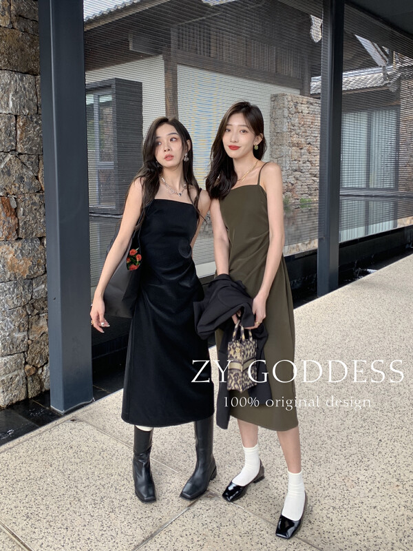 【ZY】velvet leather texture elegant high-end suspender dress 18029# JHY