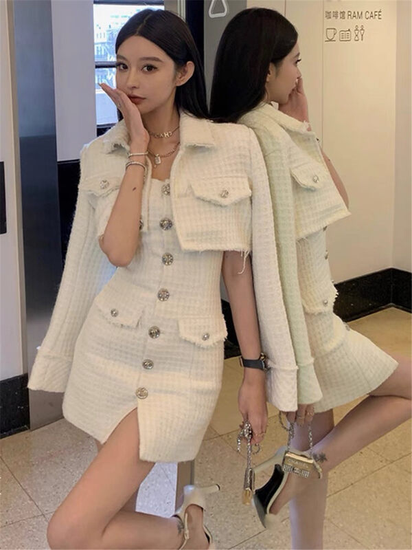 Autumn is new!【LINNA】Xiaoxiang breasted short coat + slim breasted suspender dress suit 124808# JJ