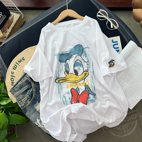 Pandawork loose, stylish, super comfortable, brushed, thickened, velvet, Donald Duck print, short-sleeved T-shirt, king fried