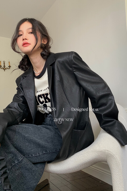 New in autumn! [Fire HOODRESS] Design sense strands fashion single button suit leather jacket 22428# JHY